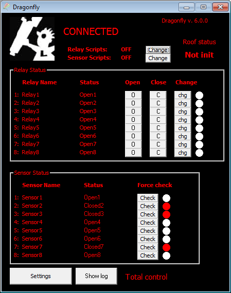 Dragonfly control panel: relay status and sensor status, with 8 rows each