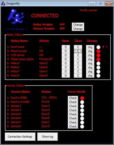 Dragonfly main window—relay status and sensor status for the eight channels