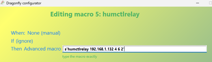 Editing macro 5, humctlrelay, with the advanced macro s'humctlrelay 192.168.1.132 4 6 2' typed in