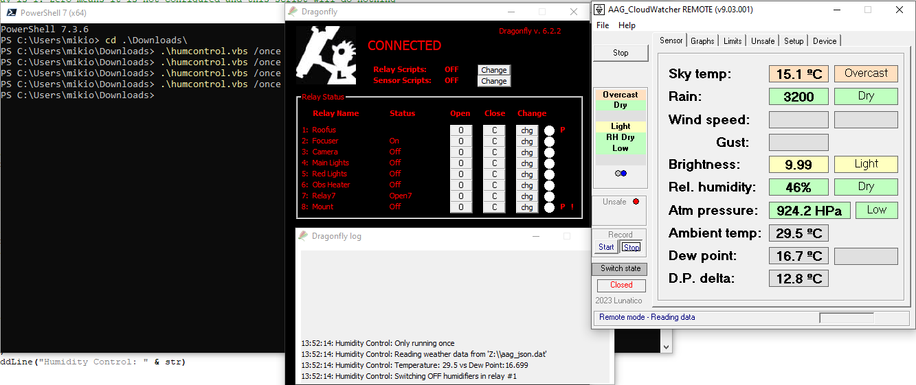 Terminal running humcontrol.vbs /once, the Dragonfly panel, and the AAG_CloudWatcher REMOTE window showing dew point and delta