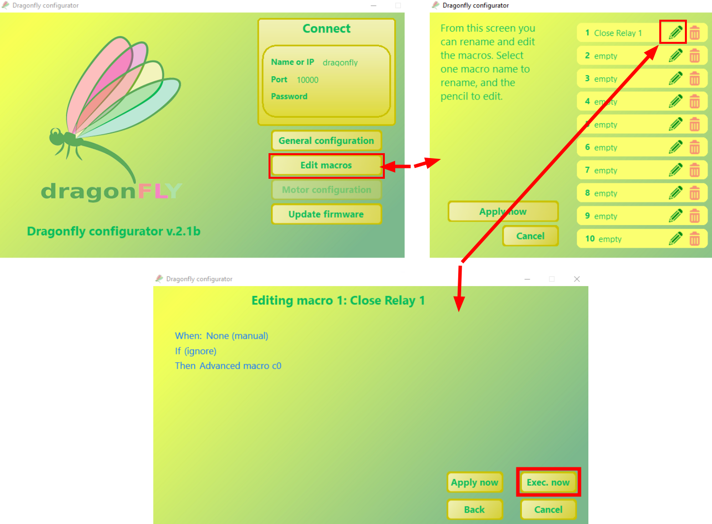 Dragonfly Configurator: opening a macro from the list and running it with Exec. now