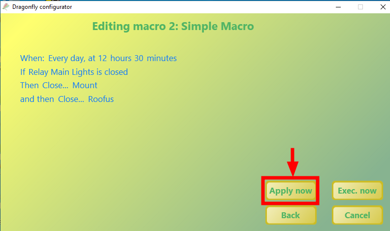 Editing macro screen with the first Apply now button highlighted