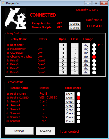 Control panel before an imaging session: lights on, roof closed, CCD and mount off