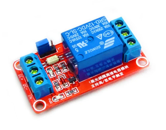 12 V one-channel relay module: screw terminal block marked DC+, DC- and IN on one side, the relay contact terminals on the other, and a jumper that selects high or low level trigger