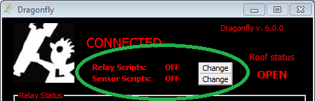 Relay Scripts and Sensor Scripts area of the control panel, both OFF with a Change button