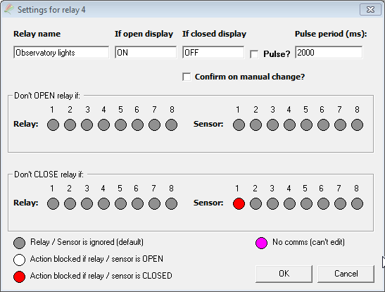 Relay 4 (Observatory lights) settings, with the Don't CLOSE relay if grid showing Sensor 1 marked as blocking action if closed