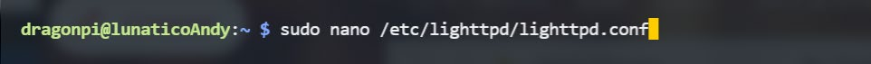 Terminal command: sudo nano /etc/lighttpd/lighttpd.conf