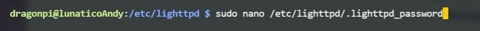 Terminal command: sudo nano /etc/lighttpd/.lighttpd_password