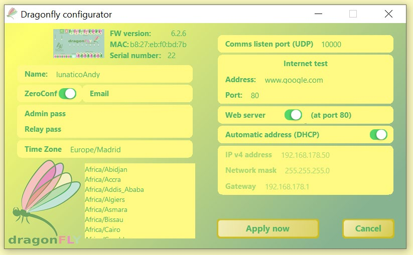 Dragonfly Configurator general configuration screen with the Web server toggle switched on, at port 80