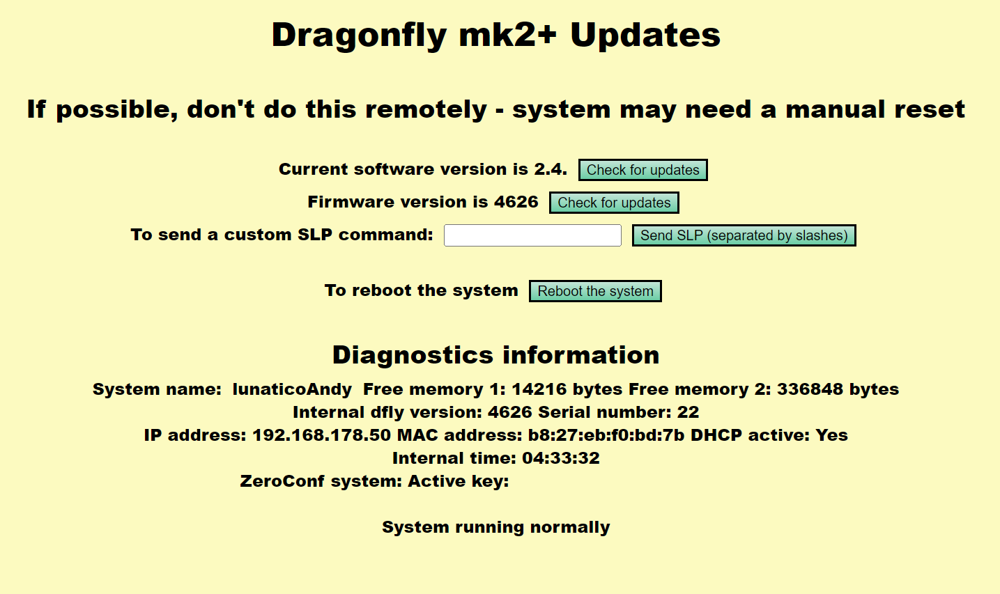 Dragonfly mk2+ Updates page, with buttons to check for software and firmware updates and diagnostics information