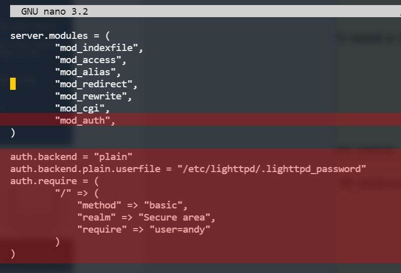 lighttpd.conf with mod_auth added to server.modules, and an auth.backend / auth.require block requiring user andy