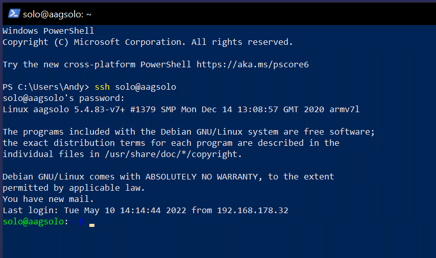 Windows PowerShell showing an ssh login to the Dragonfly, prompting for the password