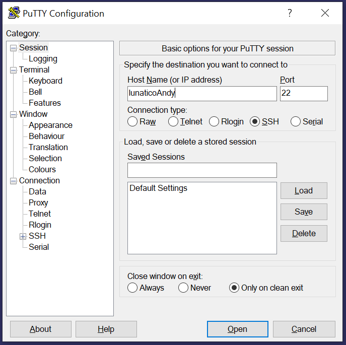 PuTTY Configuration window, with the Dragonfly's host name typed in and SSH selected as connection type