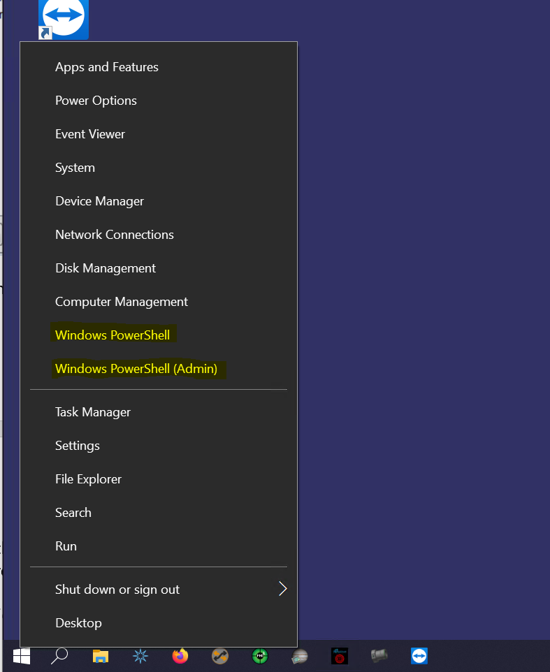 Windows right-click Start menu with Windows PowerShell and Windows PowerShell (Admin) highlighted