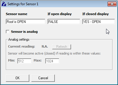 Settings for Sensor 1 dialog: sensor name, if open/closed display, and the analog settings section