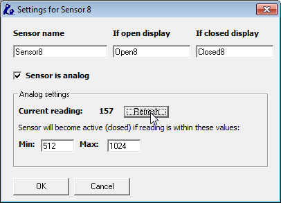 Sensor 8 settings with Sensor is analog checked, current reading 157, refresh button