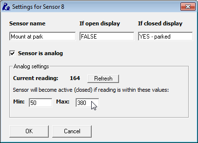 Sensor 8, named Mount at park, with Min 50 and Max 380 filled in