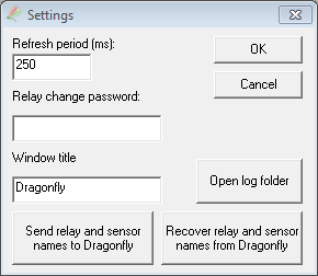 Settings window: refresh period, relay change password, window title, open log folder, send/recover relay and sensor names