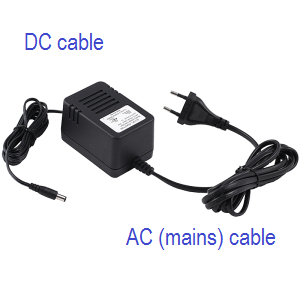 A power supply with its two cables labelled: DC cable and AC (mains) cable