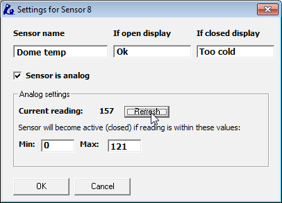 Settings for Sensor 8, named Dome temp, analog, with a reading of 157 and Min/Max set to 0 and 121