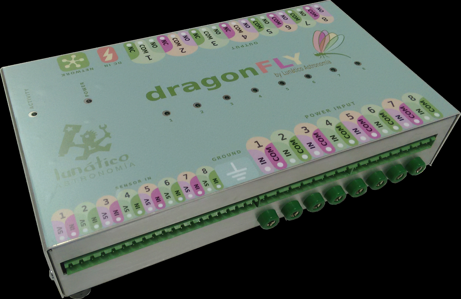 Dragonfly unit top sticker, showing the Output (COM/NO/NC), Power Input (IN/COM), Sensor In and Ground connector labels
