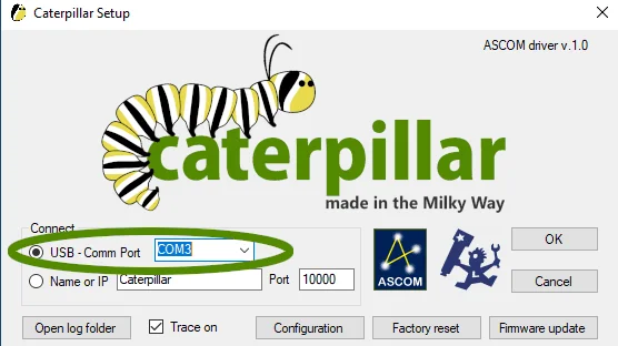 Caterpillar Setup — ASCOM driver connection via USB or Wi-Fi