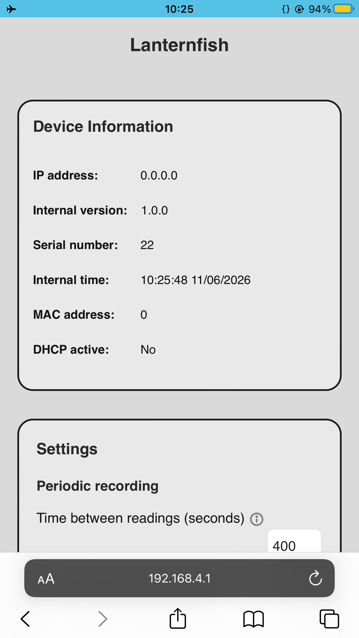 Lanternfish configuration page: Device Information (IP address, internal version, serial number, internal time, MAC address, DHCP active) and Settings (periodic recording)
