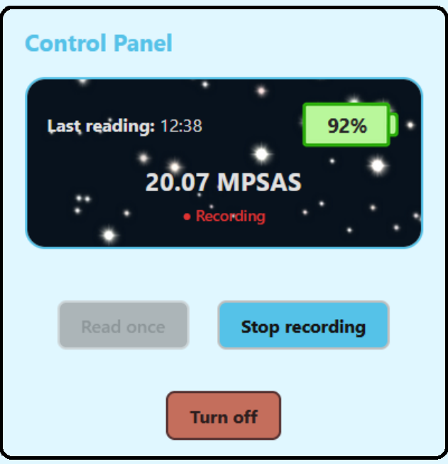 Control Panel while recording, showing a Recording indicator and a Stop recording button