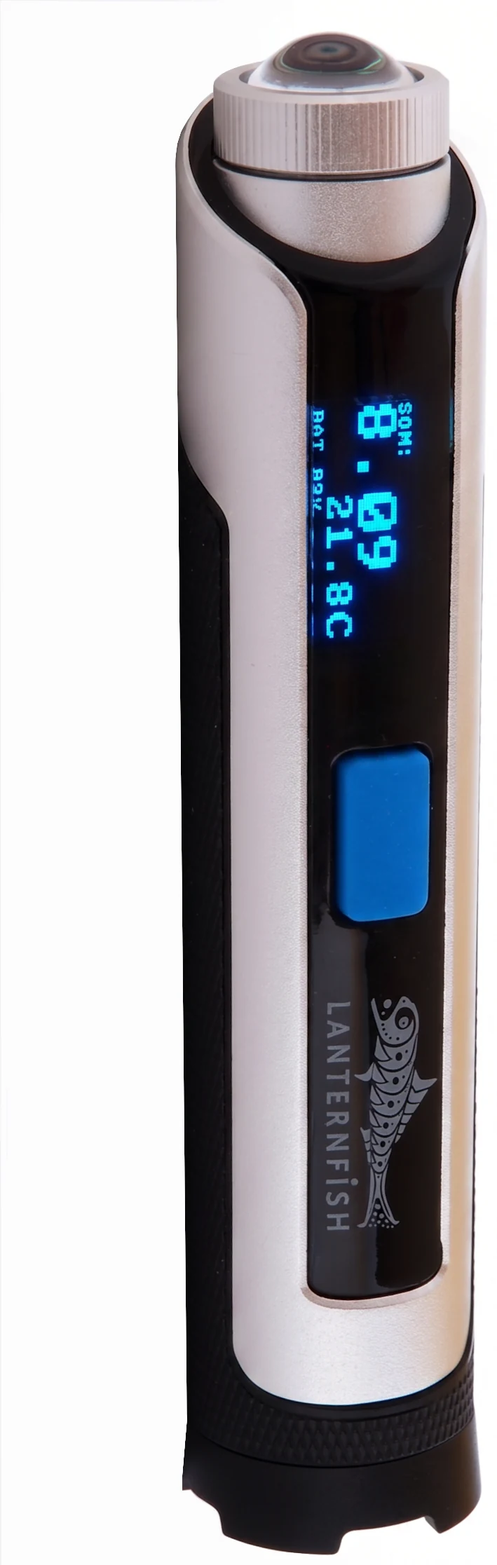 Full-length view of the Lanternfish standing upright, sensor dome at the top, its display lit with a sky brightness reading, temperature and battery level, and the Lanternfish logo down the body