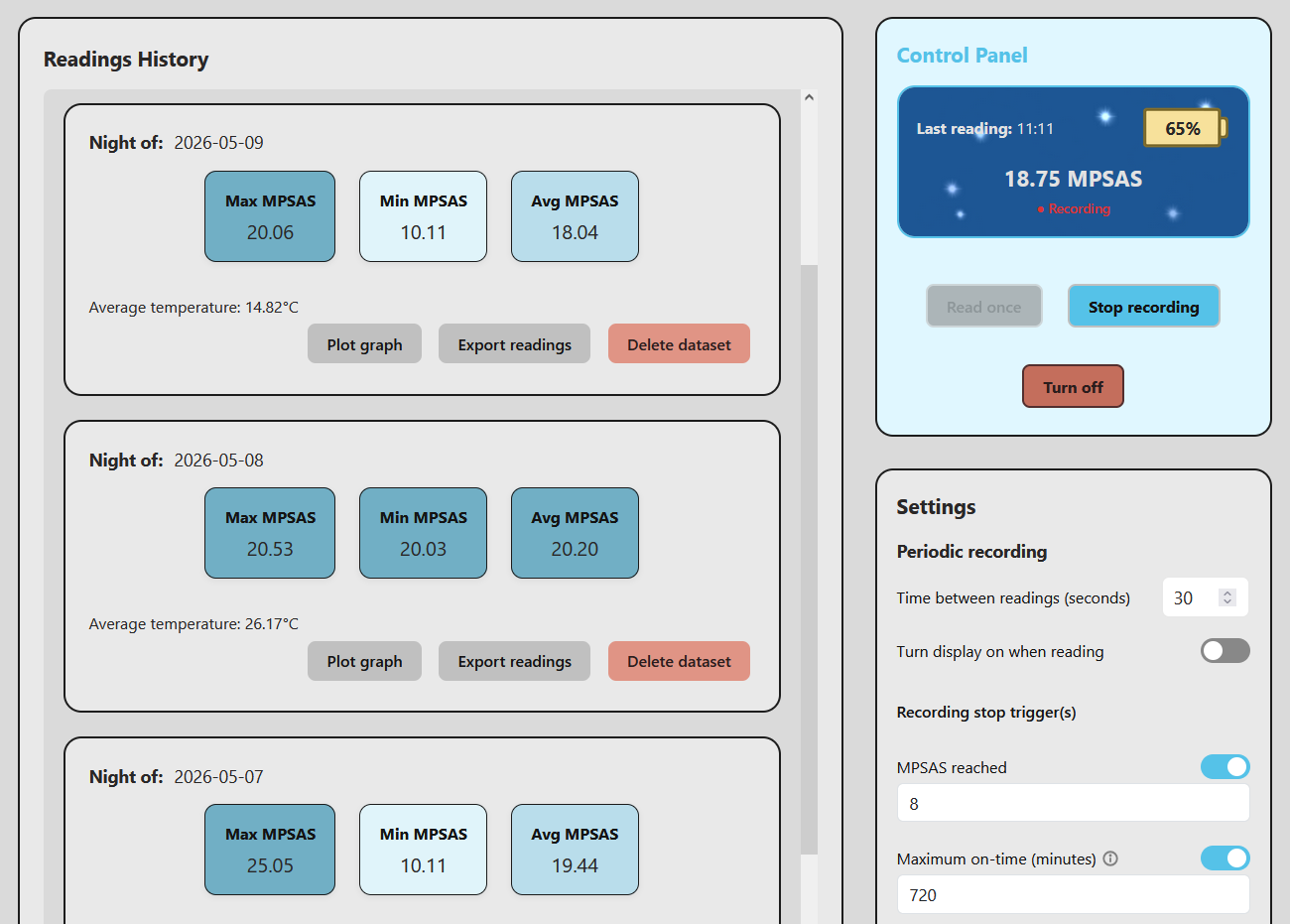 Lanternfish web interface — readings history for multiple nights with Max, Min and Avg MPSAS, and control panel showing a live recording at 18.75 MPSAS