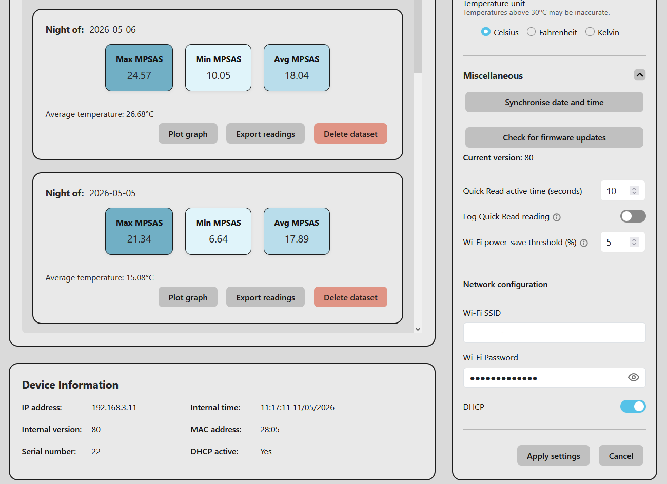 Lanternfish web interface — settings panel with temperature unit, network configuration (Wi-Fi SSID, DHCP), firmware update button, and device information