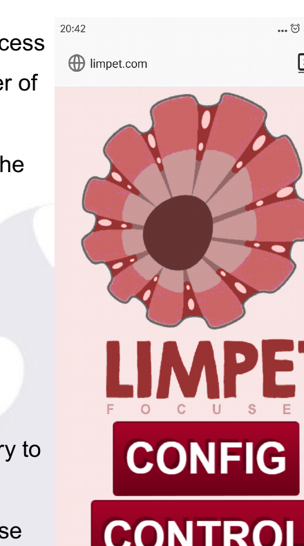 Limpet home screen on a phone, with CONFIG and CONTROL buttons