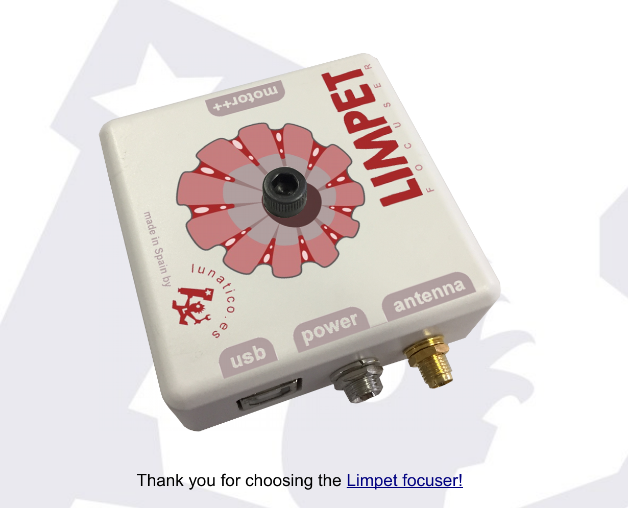 Limpet focuser unit, white square case with a pink flower motor icon, and usb/power/antenna connectors