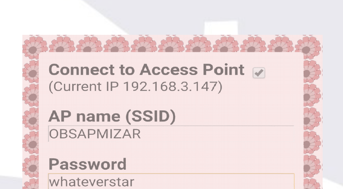 Connect to Access Point form: current IP, AP name (SSID), password, Apply/Cancel buttons