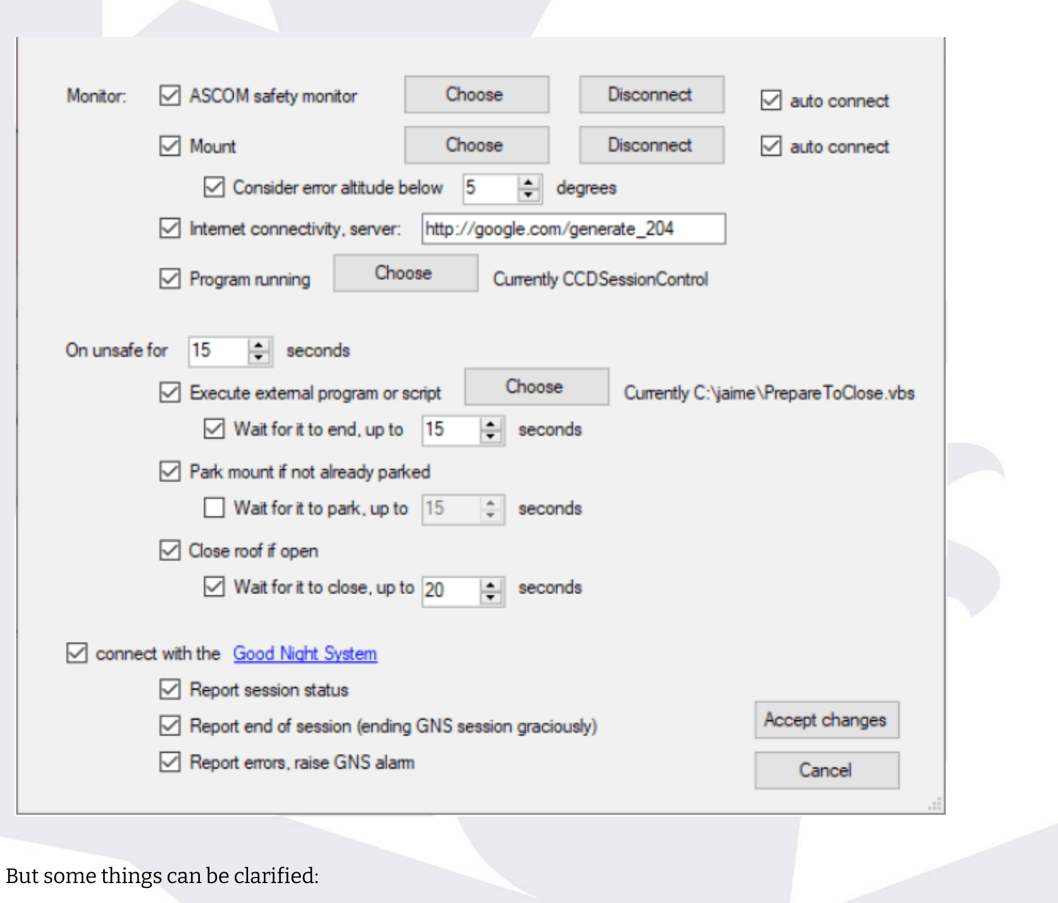 LLLOD configuration window, full: Monitor section (ASCOM safety monitor, Mount, Internet connectivity, Program running), On unsafe for X seconds section (execute script, park mount, close roof, each with wait options), and Good Night System reporting options
