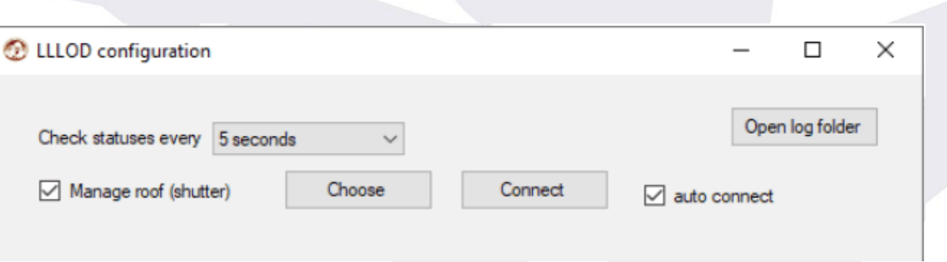 LLLOD configuration window, top: Check statuses every 5 seconds, Manage roof (shutter) with Choose/Connect and auto connect