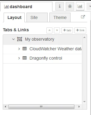 Node-RED dashboard editor — CloudWatcher and Dragonfly groups under My Observatory tab