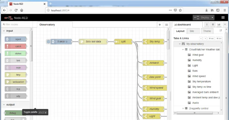 Node-RED editor — flow workspace after importing the flow file