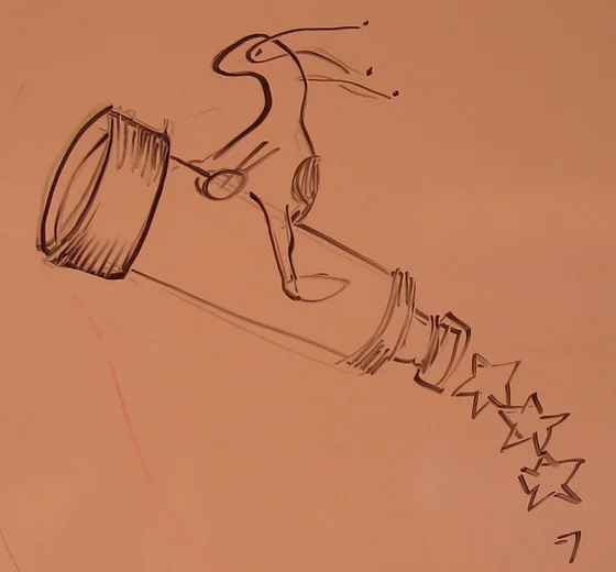 The earliest pencil sketch: a figure riding a telescope trailing stars