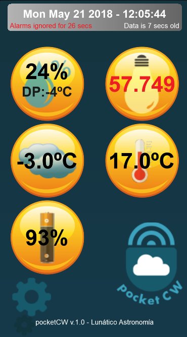 PocketCW app — live readings: humidity, sky brightness, temperature, pressure