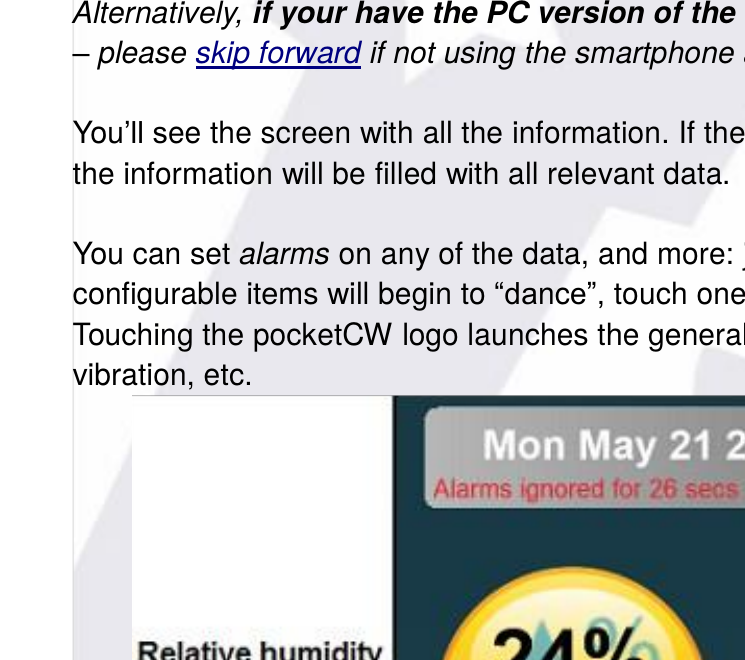 Original pocketCW app annotated: relative humidity and dew point, ambient brightness in luxes, sky temperature, ambient temperature, battery charge, and settings