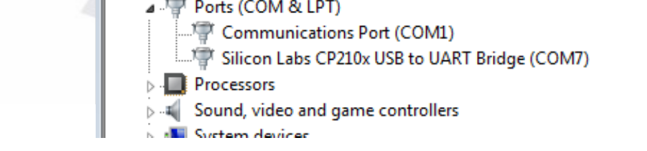 Windows Device Manager showing Silicon Labs CP210x USB to UART Bridge (COM7) under Ports