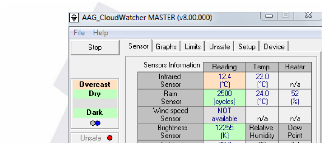 AAG_CloudWatcher MASTER Sensor tab, older layout, with Infrared, Rain, Wind speed, Brightness and Ambient Temperature Sensor rows, Heating status and Switch state