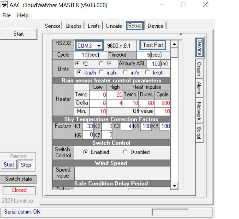 Setup tab, Device section, with the COM port selector and Test Port button highlighted