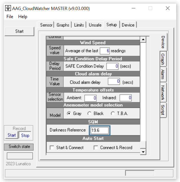 Setup tab, Device section, with Temperature offsets (Ambient, Infrared) and the SQM Darkness Reference field set to 19.6, highlighted