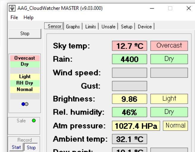 AAG_CloudWatcher MASTER Sensor tab showing sky temp, rain, brightness, relative humidity, atmospheric pressure, ambient temp and dew point readings