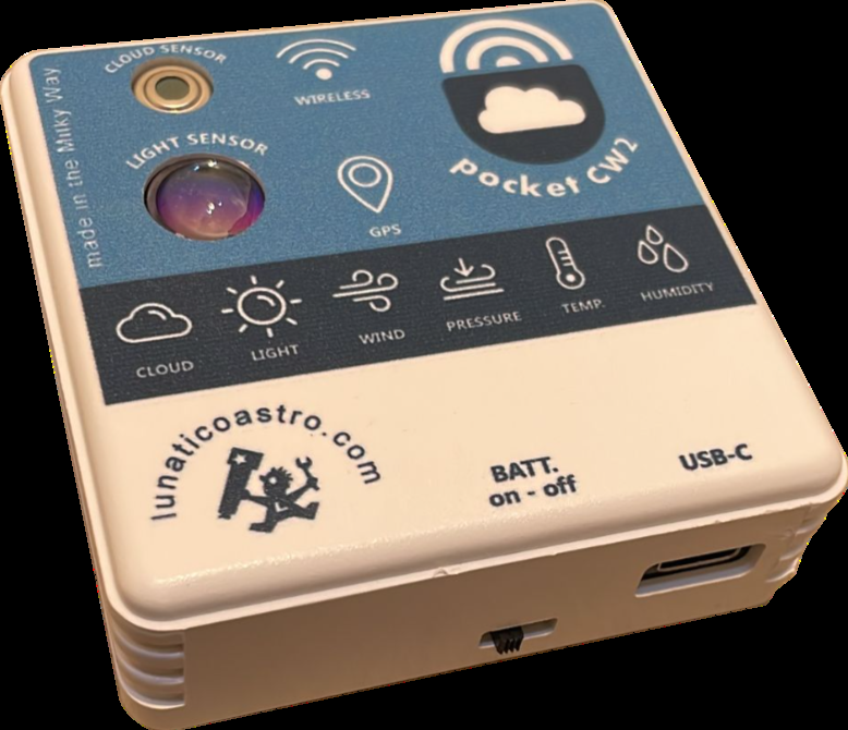PocketCW2 unit, showing the cloud sensor, light sensor, wireless and GPS icons on top, and the cloud/light/wind/pressure/temp/humidity readings row