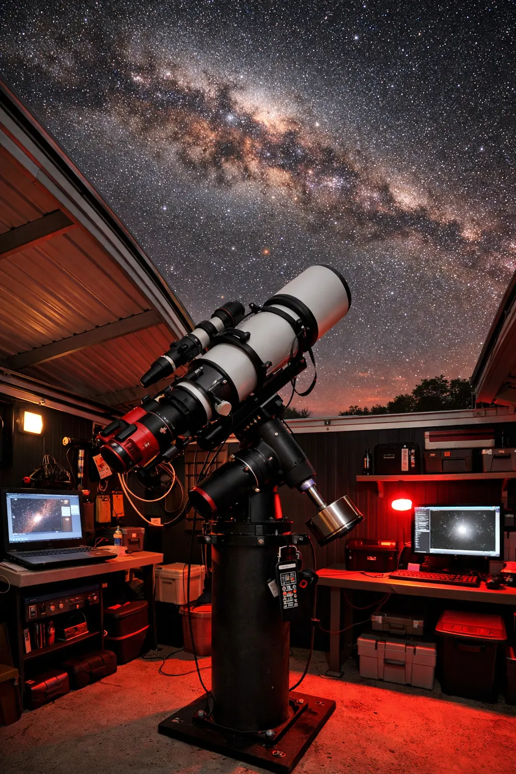 A roll-off roof observatory with the roof panels open to the Milky Way, telescope on its pier and control screens under red light