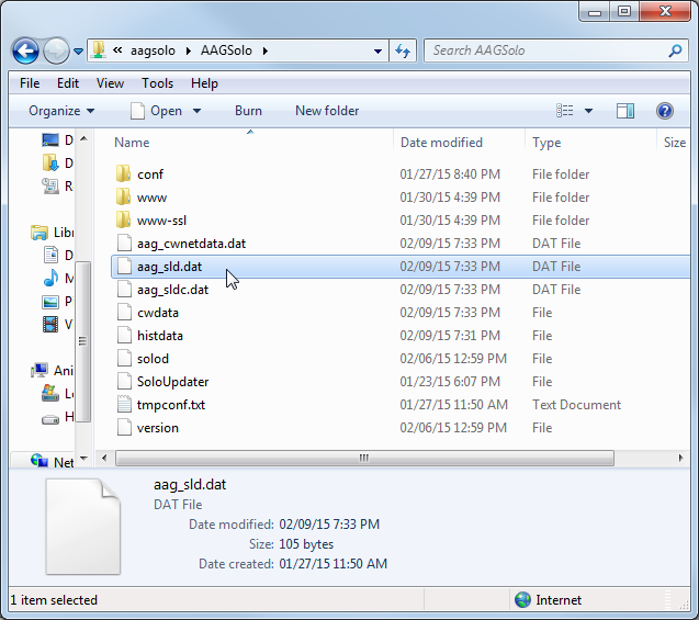 AAGSolo network folder listing with aag_sld.dat selected