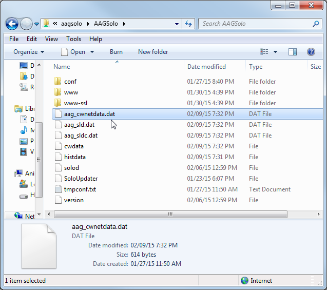 AAGSolo network folder listing with AAG_CWNetData.dat selected